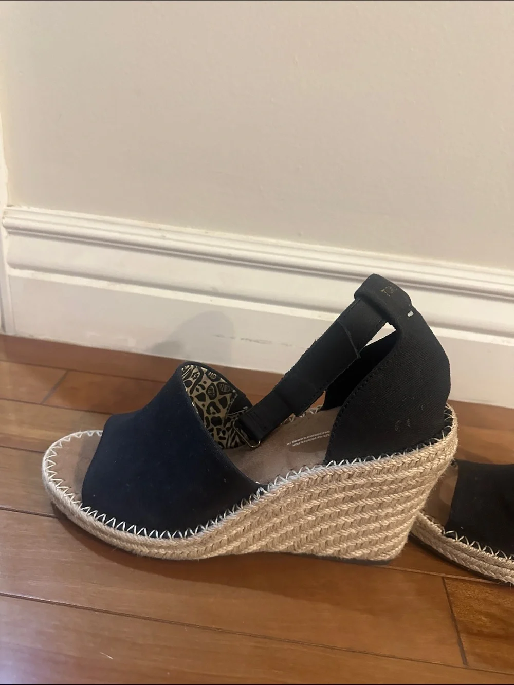 Toms Black Canvas Espadrille Wedge Sandals with Ankle Tie